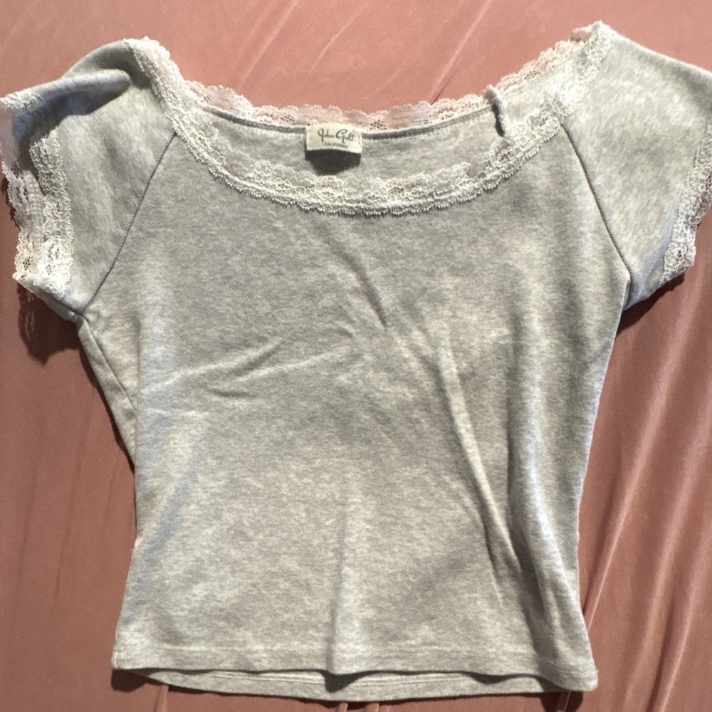 J. Galt Gray Lace Trim Scoop Neck Cap Sleeve Cotton Knit T-Shirt MH707-Z166 S